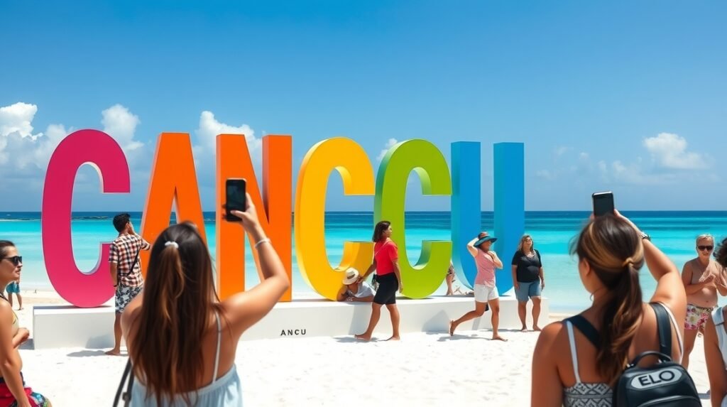 Látványos CANCUN felirat a Playa Delfines tengerpartján napfényben