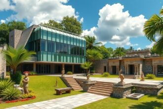 A Maya Múzeum modern épülete Cancúnban, körülötte zöld tér és ősi romok.