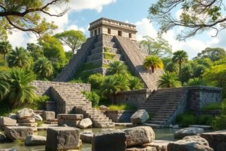 El Rey maja romjai Cancúnban, iguanákkal és pálmákkal körülvéve.