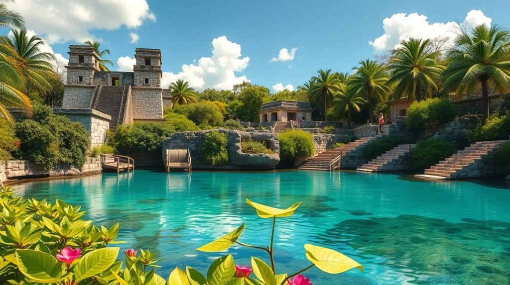 Xcaret Öko-régészeti Park lenyűgöző tája Cancún közelében