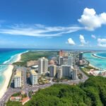 Kilátás Cancún városára és tengerére a Torre Escénica forgótoronyból