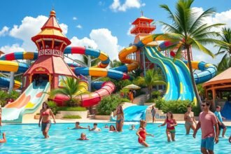 Ventura Park vízi és vidámpark Cancúnban, izgalmas csúszdákkal és pihenőhelyekkel.