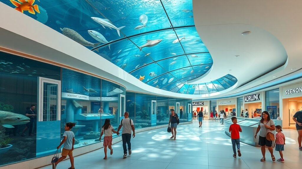 Interaktív akvárium látogatók a La Isla plázában Cancúnban.