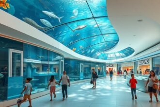 Interaktív akvárium látogatók a La Isla plázában Cancúnban.