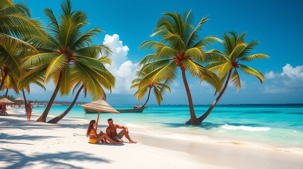 Családbarát strand Playa Tortugas Cancúnban, pálmafák és sekély víz