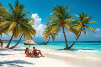 Családbarát strand Playa Tortugas Cancúnban, pálmafák és sekély víz