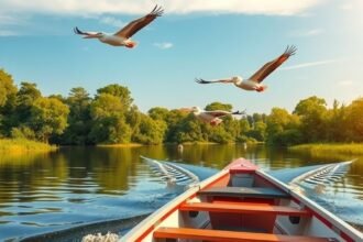 Pelikánok repülnek egy csónaktúra során a Duna-deltában