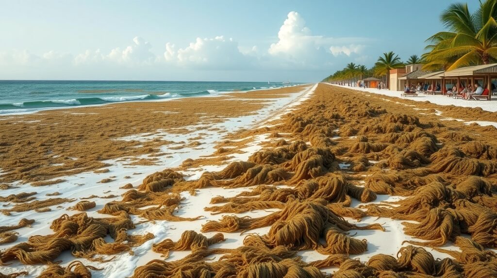 Szargasszum tengeri hínár Cancúnban, strandokon felgyülemlik