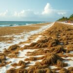 Szargasszum tengeri hínár Cancúnban, strandokon felgyülemlik