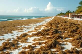 Szargasszum tengeri hínár Cancúnban, strandokon felgyülemlik