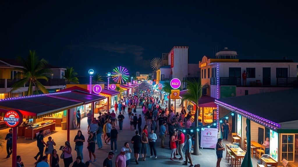 Punta Cancun égő fényekkel teli bulinegyed éjszaka