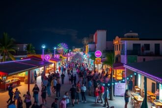 Punta Cancun égő fényekkel teli bulinegyed éjszaka