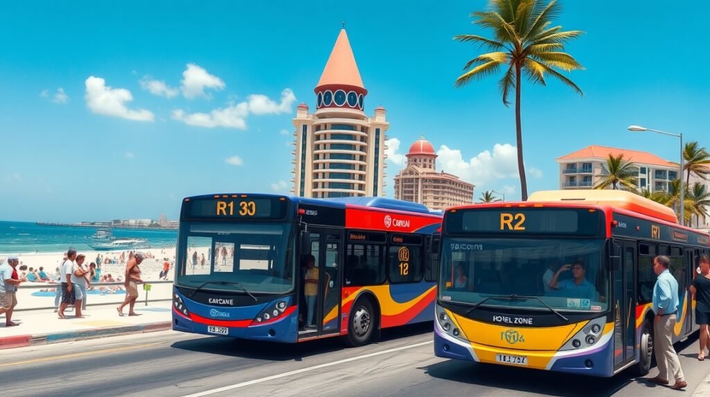 R1 és R2 buszok a Cancún hotelzónában, tengerpart mellett.