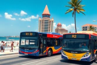 R1 és R2 buszok a Cancún hotelzónában, tengerpart mellett.