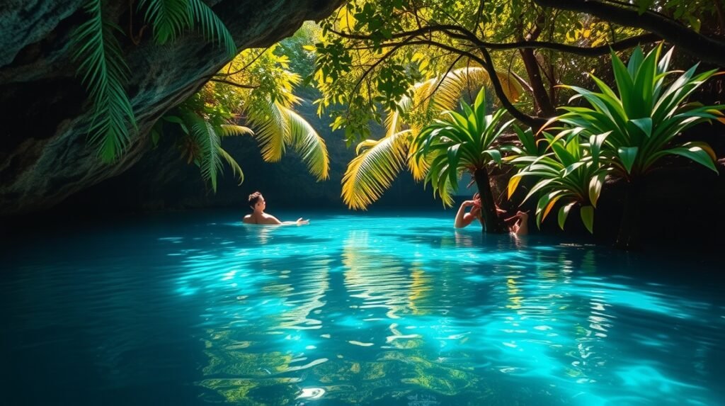 Cenote-fürdőzés Cancún környékén kristálytiszta vízben