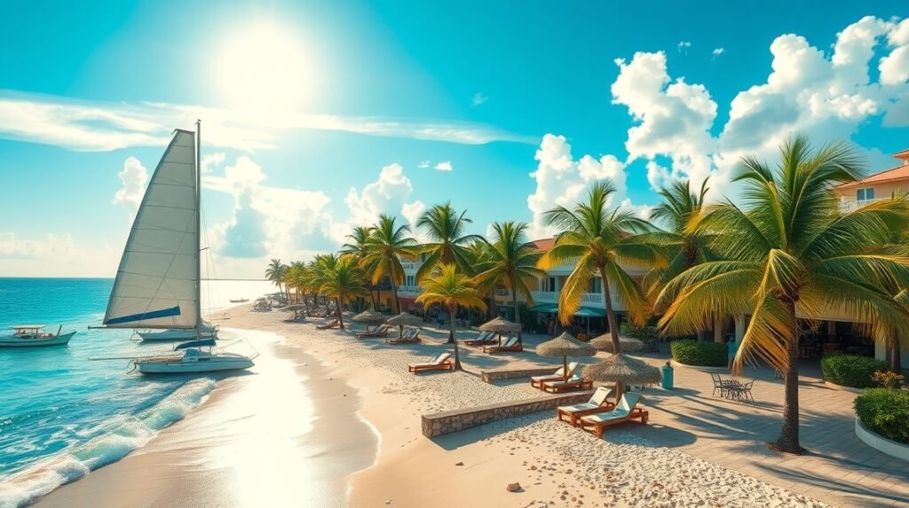 Cancún tengerparti látkép vitorlással és pálmákkal