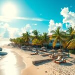 Cancún tengerparti látkép vitorlással és pálmákkal