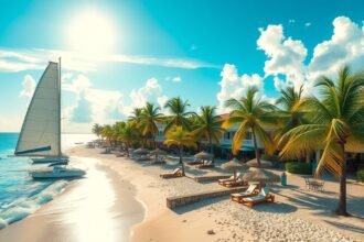 Cancún tengerparti látkép vitorlással és pálmákkal