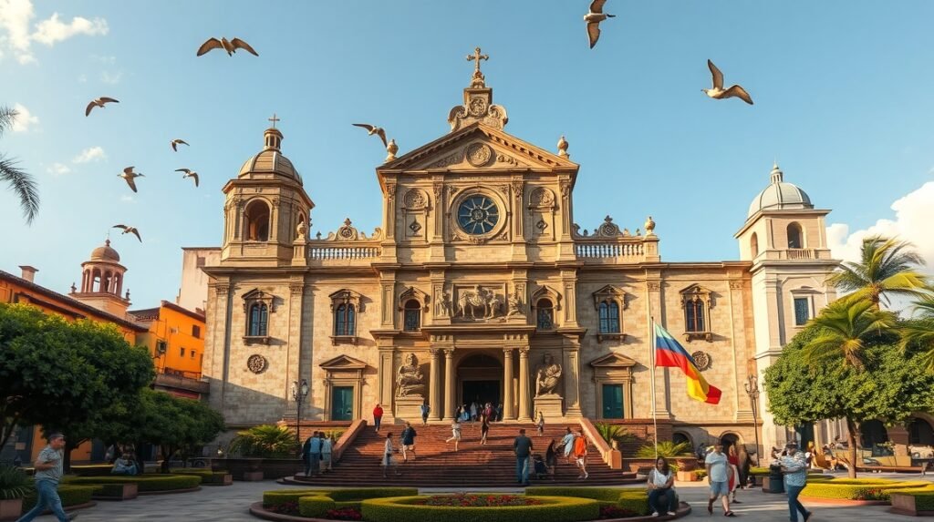 A Santo Domingo templom barokk épülete pompás részletekkel és zöld növényzet környezetében.