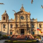 A Santo Domingo templom barokk épülete pompás részletekkel és zöld növényzet környezetében.