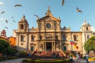 A Santo Domingo templom barokk épülete pompás részletekkel és zöld növényzet környezetében.