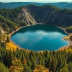 Szent Anna-tó vulkáni kráterében, türkiz víz és zöld erdőjelenet