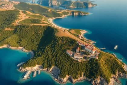 Aeraily view of Vis island showcasing beaches and military tunnels