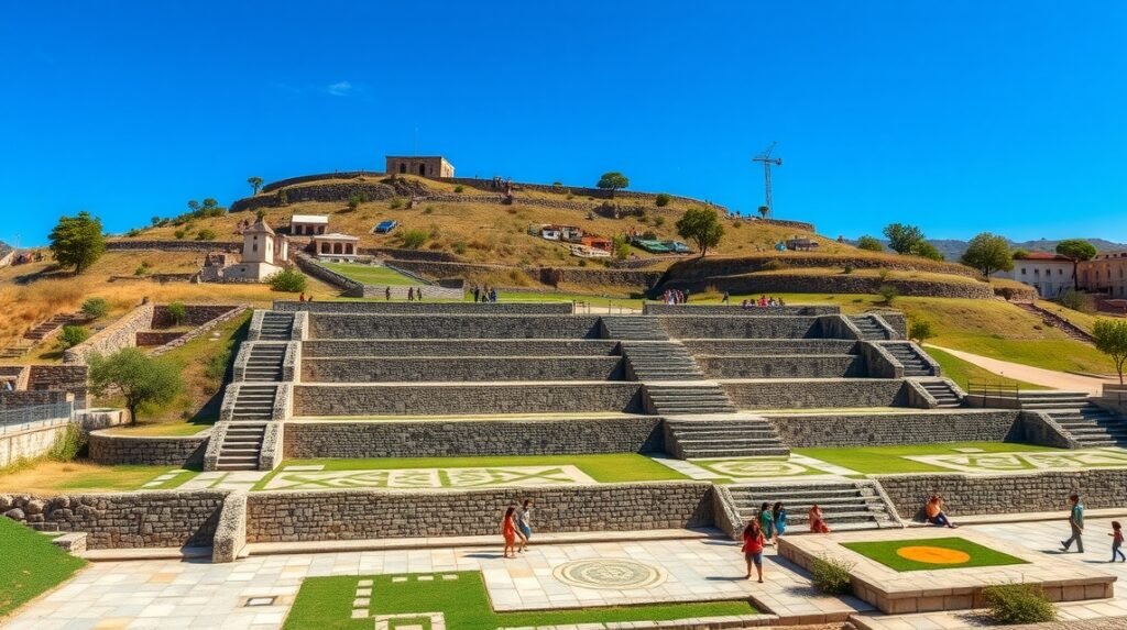 A Mitla régészeti lelőhely lélegzetelállító mozaikokkal és lépcsőkkel.