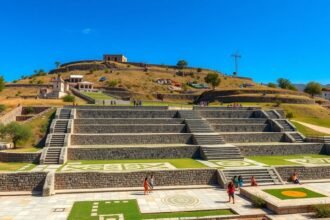 A Mitla régészeti lelőhely lélegzetelállító mozaikokkal és lépcsőkkel.
