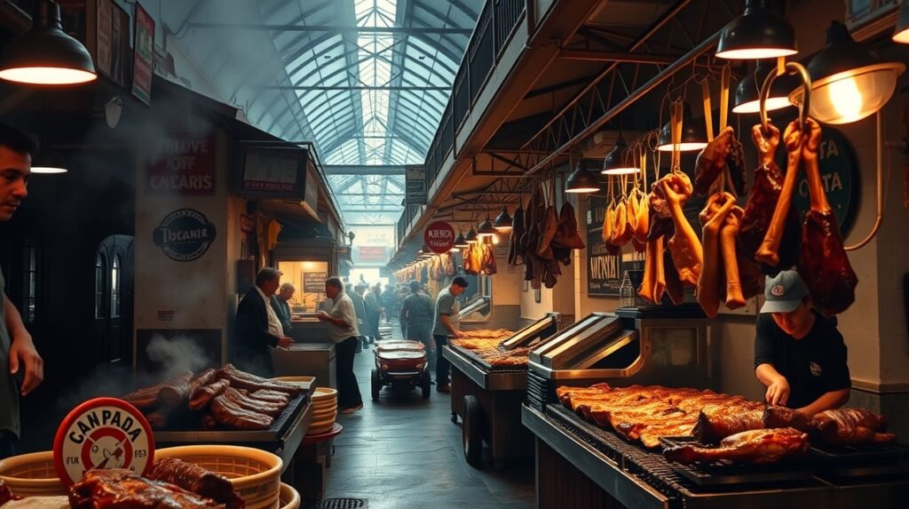 A Mercado 20 de Noviembre füstös folyosója és sült húsok