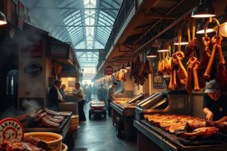 A Mercado 20 de Noviembre füstös folyosója és sült húsok