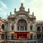 A Macedonio Alcalá Színház barokk homlokzata és előadások.