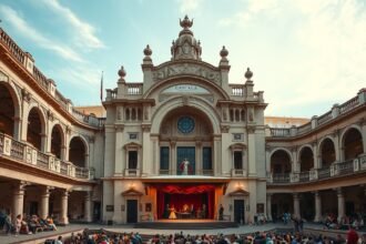 A Macedonio Alcalá Színház barokk homlokzata és előadások.