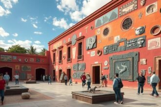 Rufino Tamayo prehispán művészeti múzeuma Oaxacaban, látogatók sétálnak az udvarban.