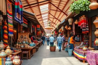 A Benito Juárez piac színes kézműves termékei és vásárlók Mexikóban