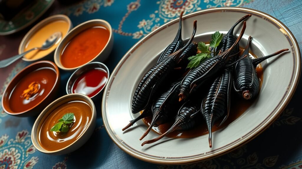 Ropogós chapulines és különböző mole szószok Oaxacából.