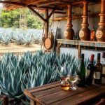Mezcal készítés Oaxaca agave ültetvényén, pincével és kóstoló poharakkal.