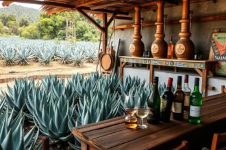 Mezcal készítés Oaxaca agave ültetvényén, pincével és kóstoló poharakkal.