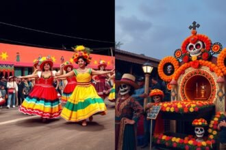 Színes táncosok a Guelaguetza fesztiválon, Halottak Napja oltára