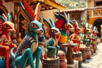 Rikító színű alebrijesek Oaxaca hagyományos kézműves falujából