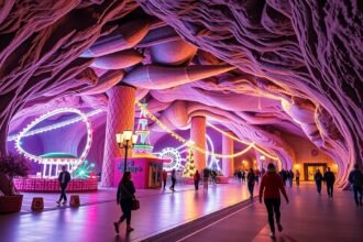 Futurisztikus vidámpark a Tordai-sóbányában, színes fényekkel