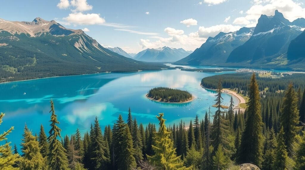 Eibsee tó türkiz vízének panorámája a Zugspitze lábánál.