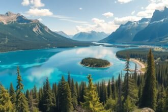 Eibsee tó türkiz vízének panorámája a Zugspitze lábánál.