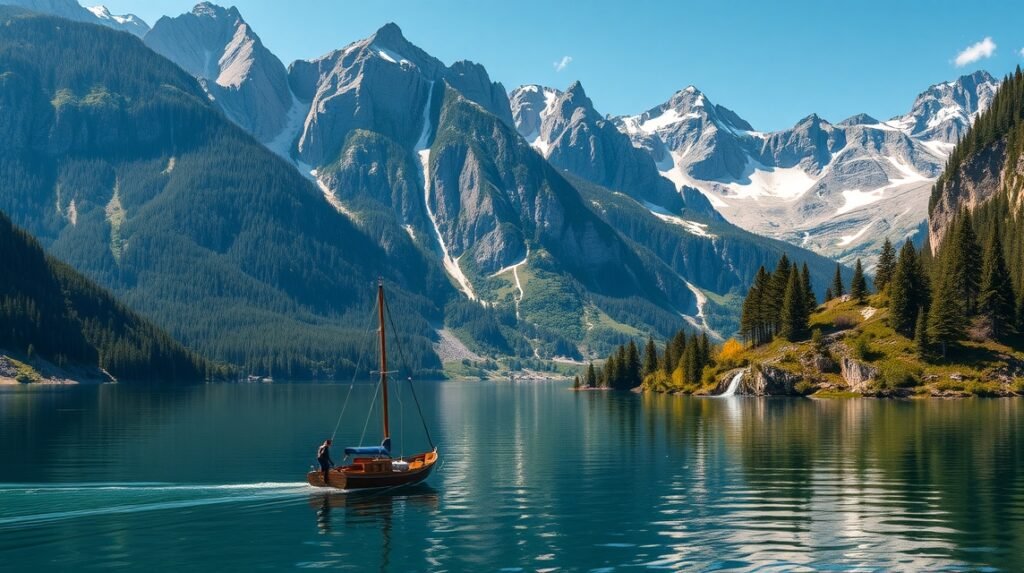 Hajózás a Königssee gyönyörű vizén, lenyűgöző hegyek körül.