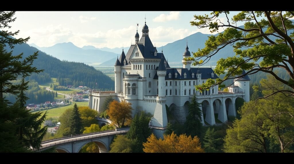 Neuschwanstein kastély panorámája Marienbrückéből