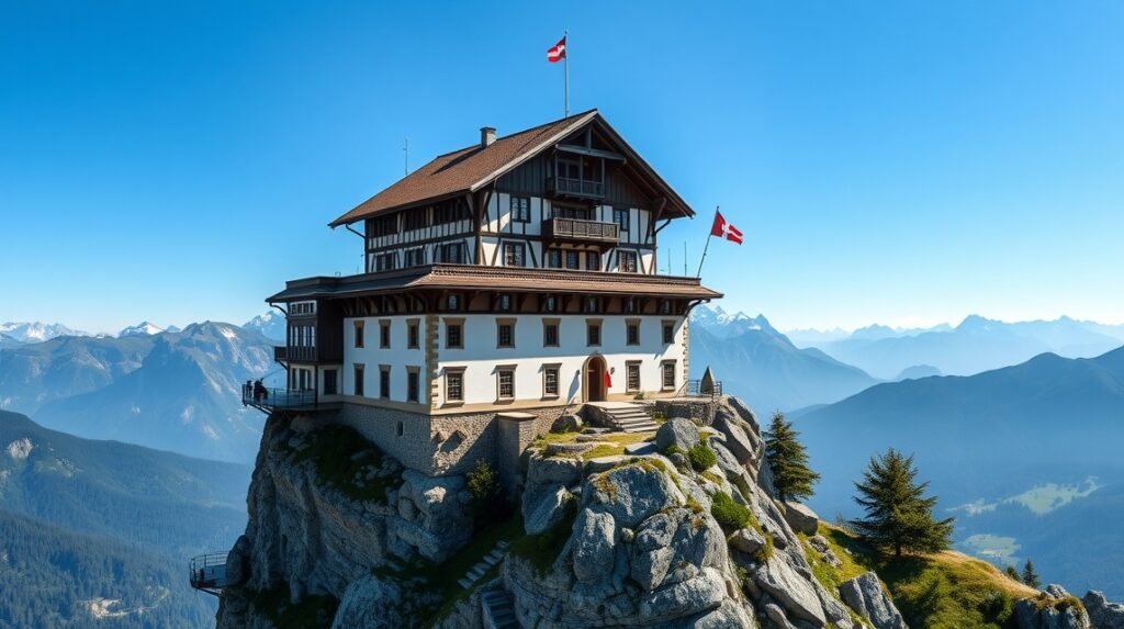 Sasfészek (Kehlsteinhaus) a Berchtesgaden felett, lélegzetelállító panoráma.