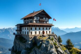 Sasfészek (Kehlsteinhaus) a Berchtesgaden felett, lélegzetelállító panoráma.