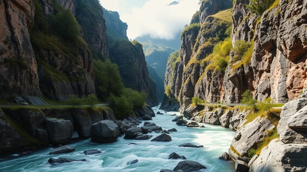 A Höllentalklamm szurdok vadregényes kialakítása és áradó víz