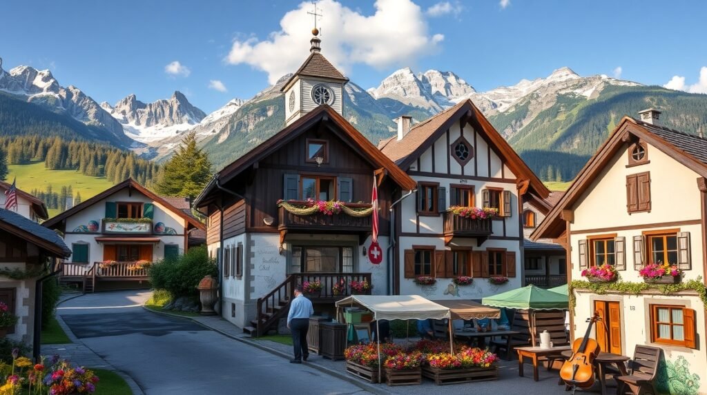 Mesés házak és hegyek Mittenwaldban, a hegedűkészítők falujában.