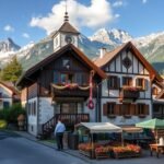 Mesés házak és hegyek Mittenwaldban, a hegedűkészítők falujában.